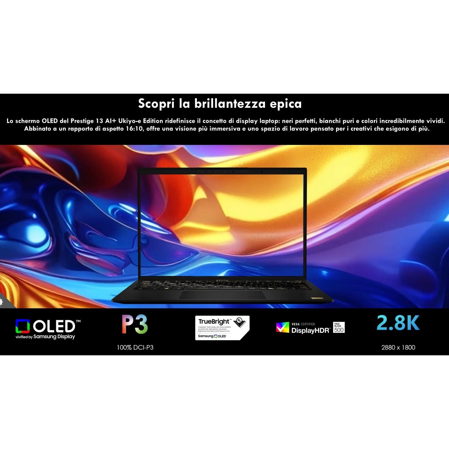 Un elegante laptop nero su uno sfondo astratto e vibrante. OLED, P3, TrueBright.