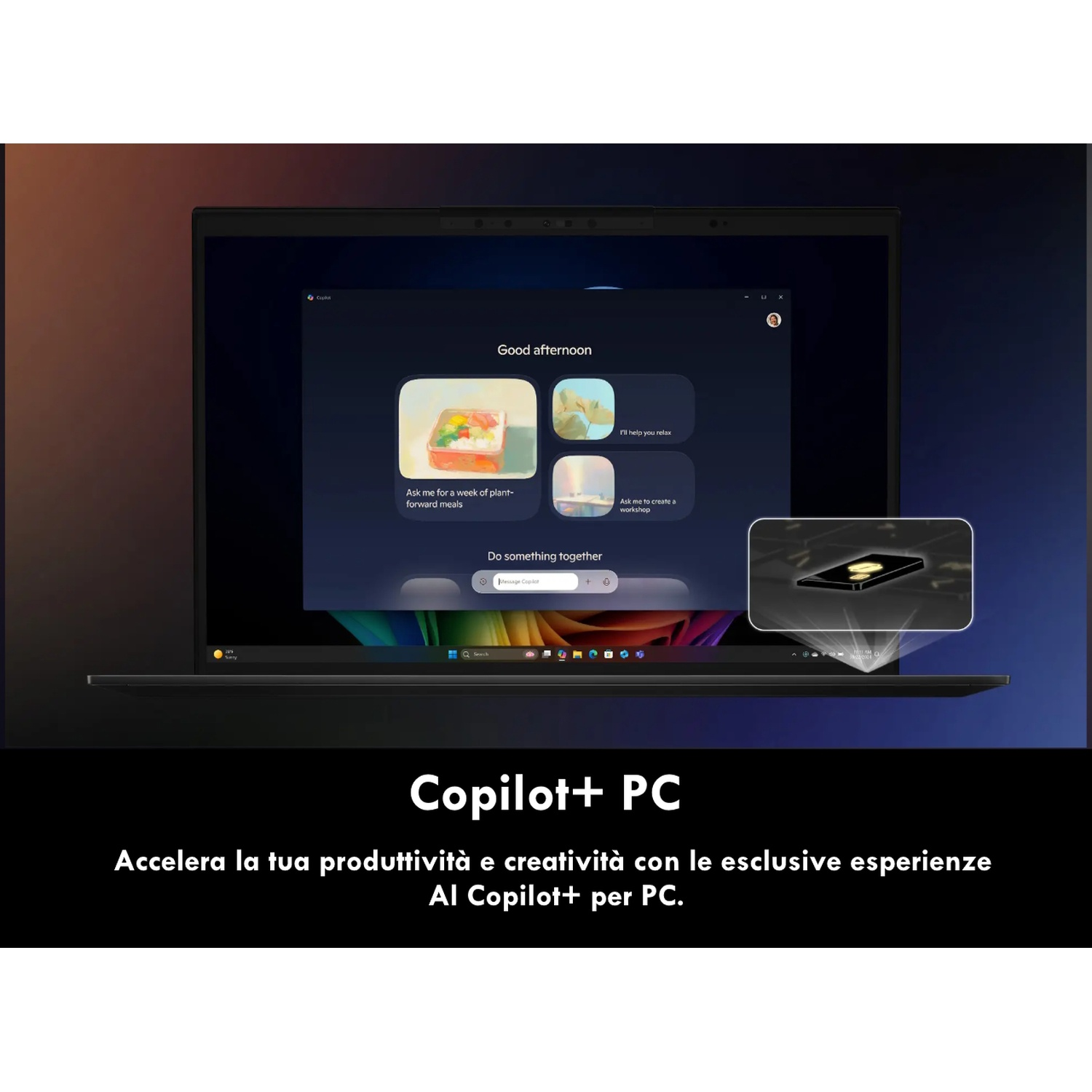 Laptop mostra interfaccia IA Copilot con opzioni pasti e relax.