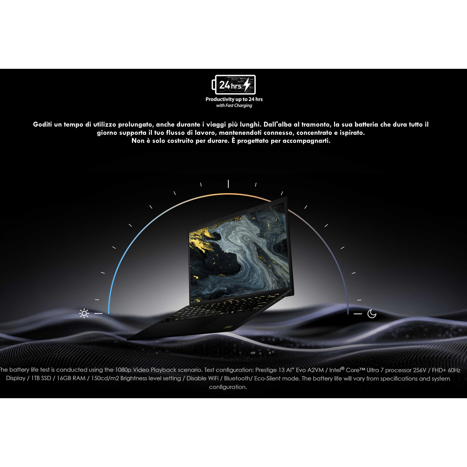Laptop nero con motivo dorato sullo schermo, su sfondo scuro.