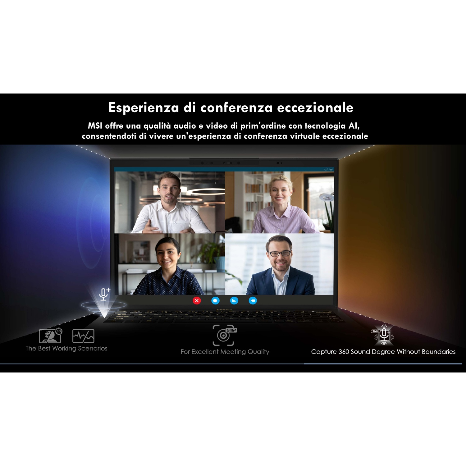 Quattro persone in una videochiamata su uno schermo di laptop. Focus sul laptop.