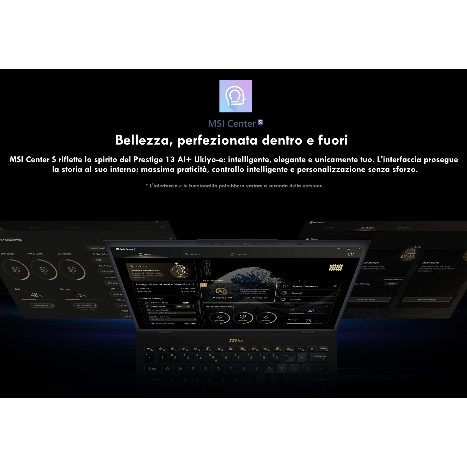 Interfaccia MSI Center S con tastiera laptop e funzioni basate sull'IA.