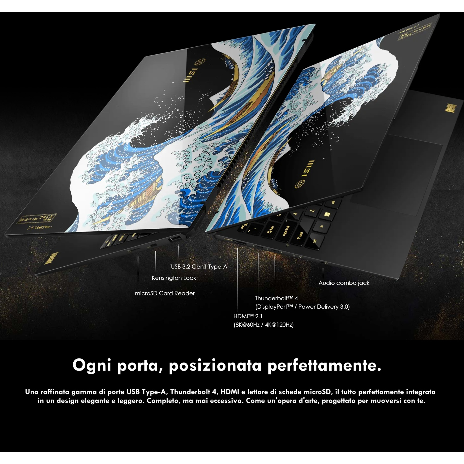 Un laptop nero con design a onde sul coperchio. Porte etichettate.