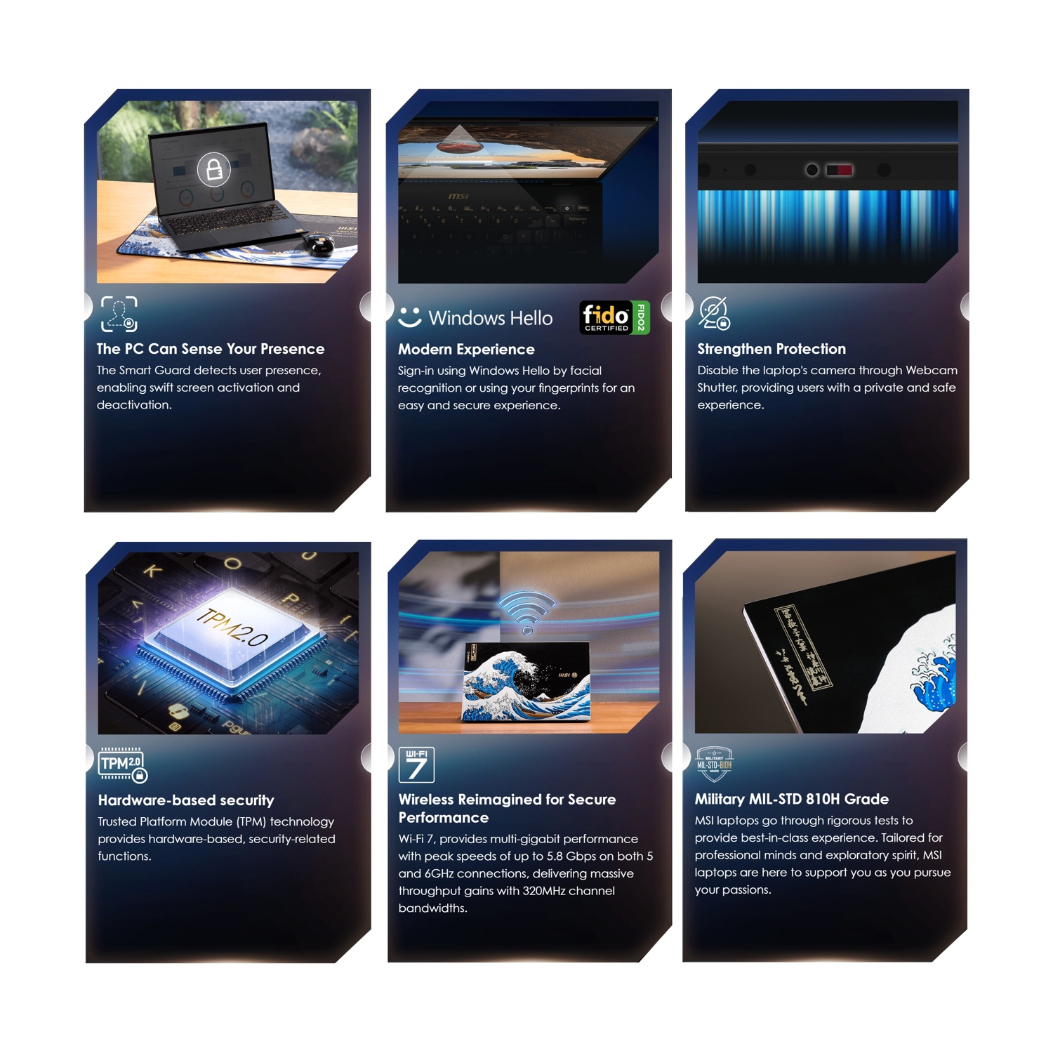 Un laptop con TPM 2.0, Windows Hello e protezione webcam.