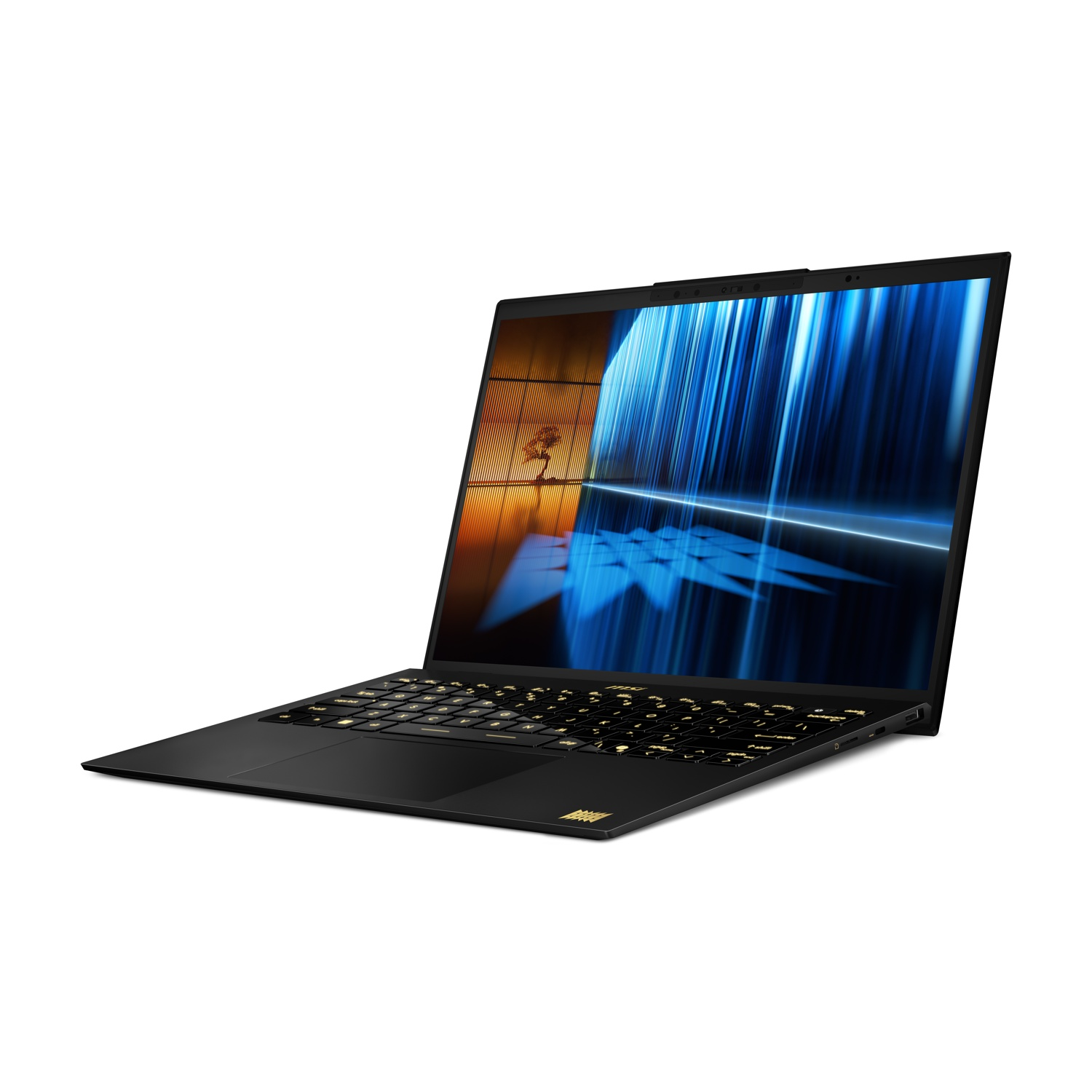 Un laptop nero con tastiera retroilluminata e un'immagine astratta sullo schermo.