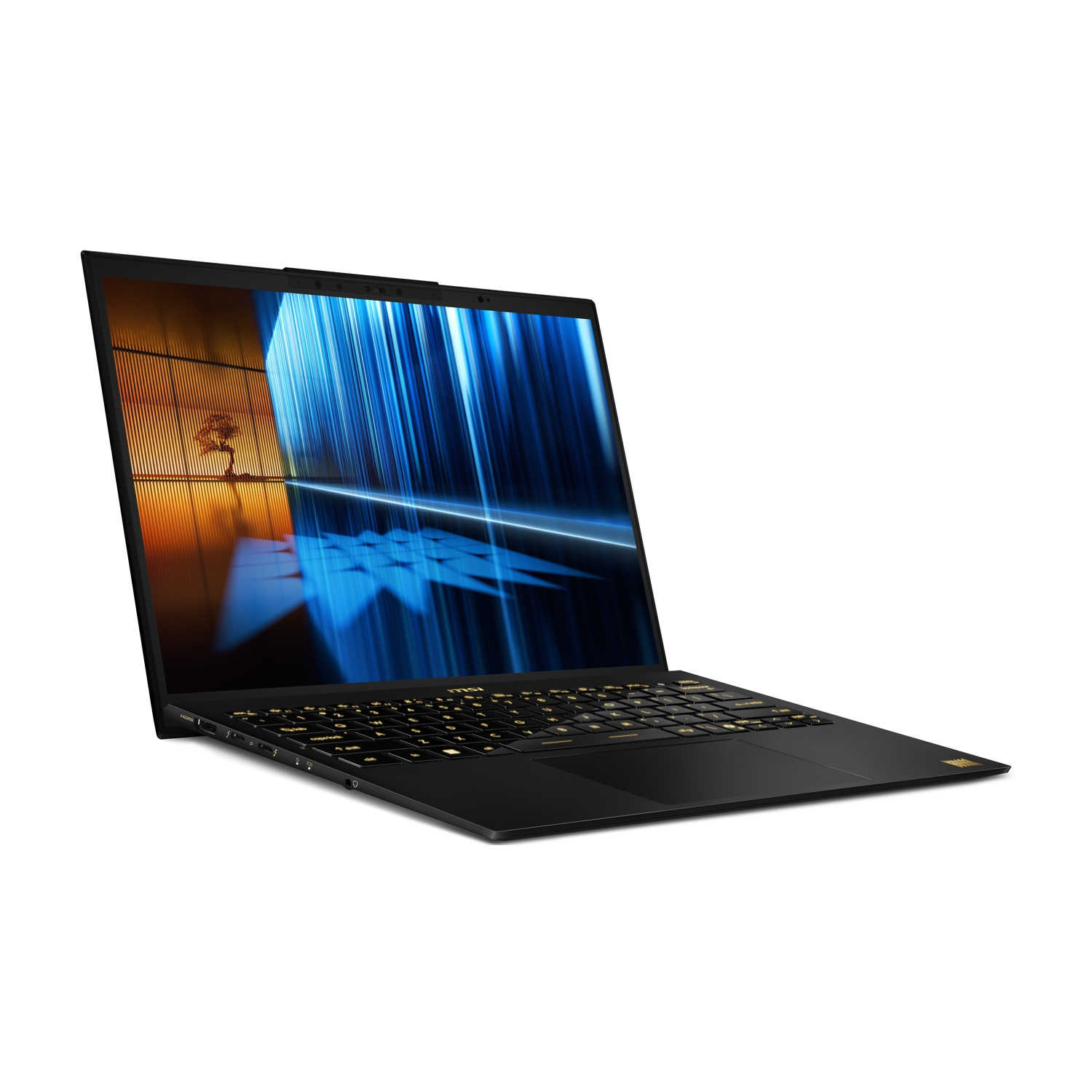 Laptop nero con tastiera illuminata e elegante screensaver.