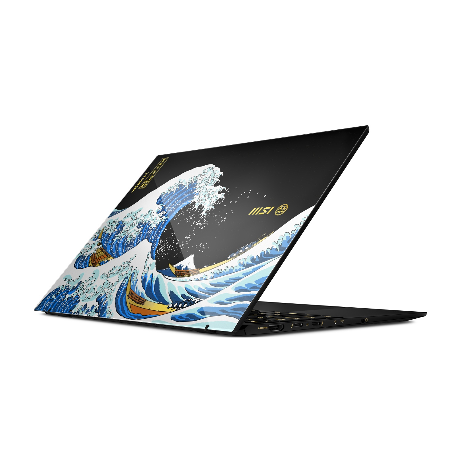 Laptop nero con l'opera La Grande Onda di Kanagawa.