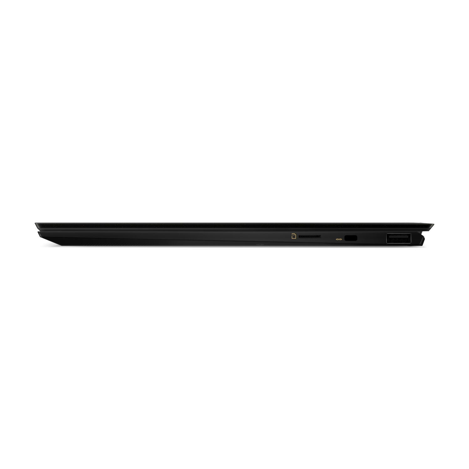 Vista laterale di un laptop nero con slot USB e schede SD.