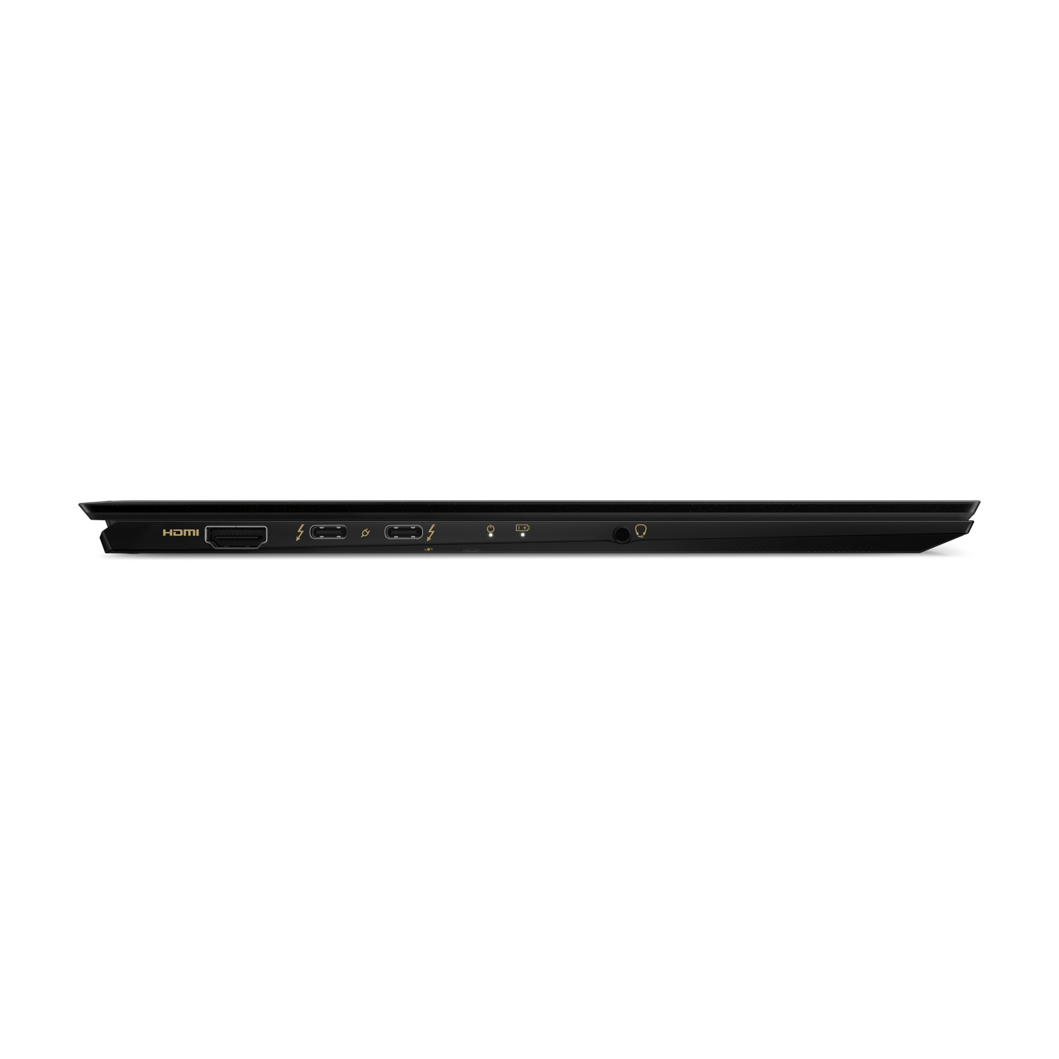 Sezione porte laptop nera con HDMI, Thunderbolt e jack per cuffie.