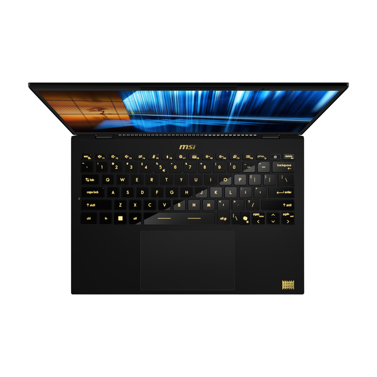 Un laptop nero con tastiera retroilluminata e sfondo astratto sullo schermo.