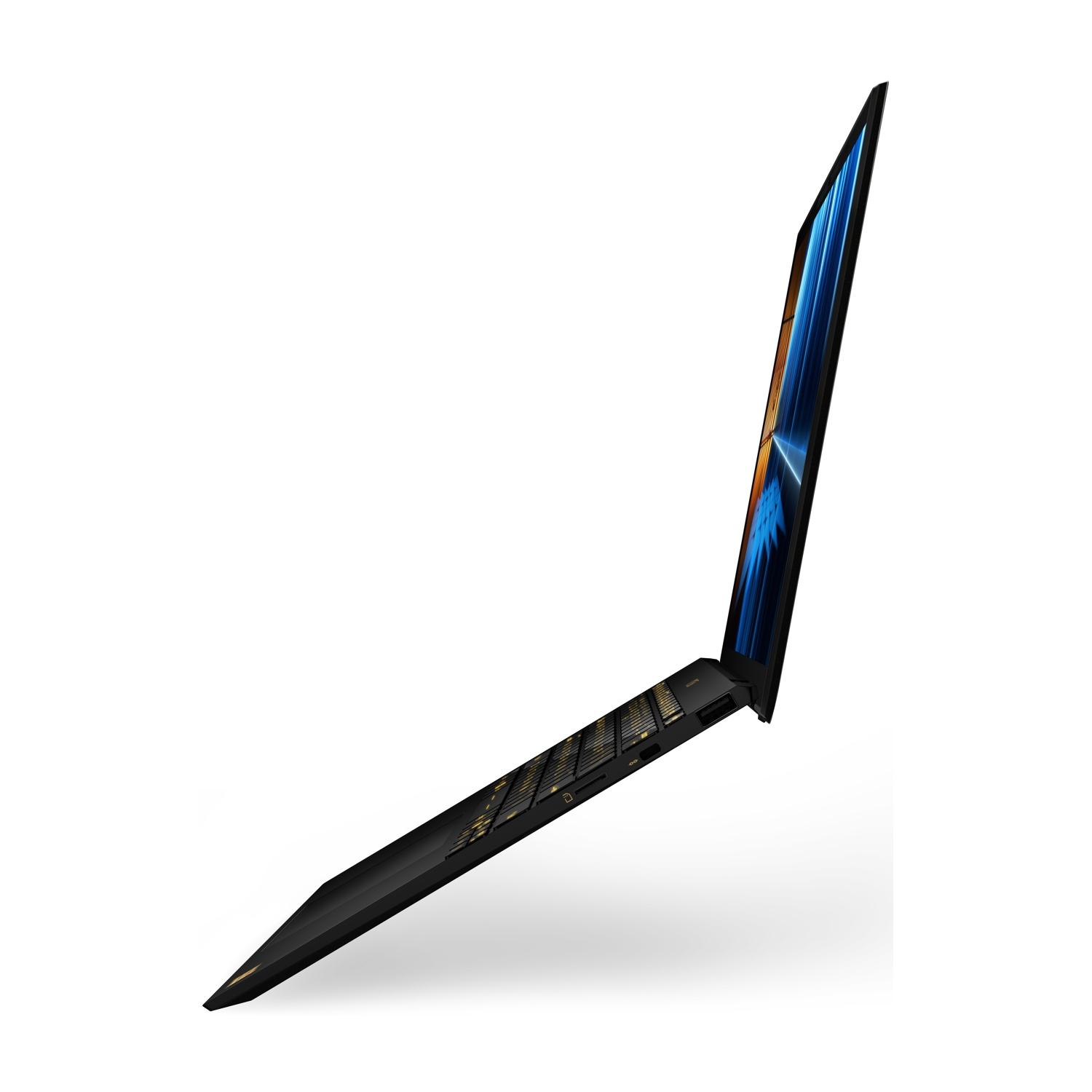 Un laptop nero aperto con tastiera retroilluminata e schermo blu e arancione.