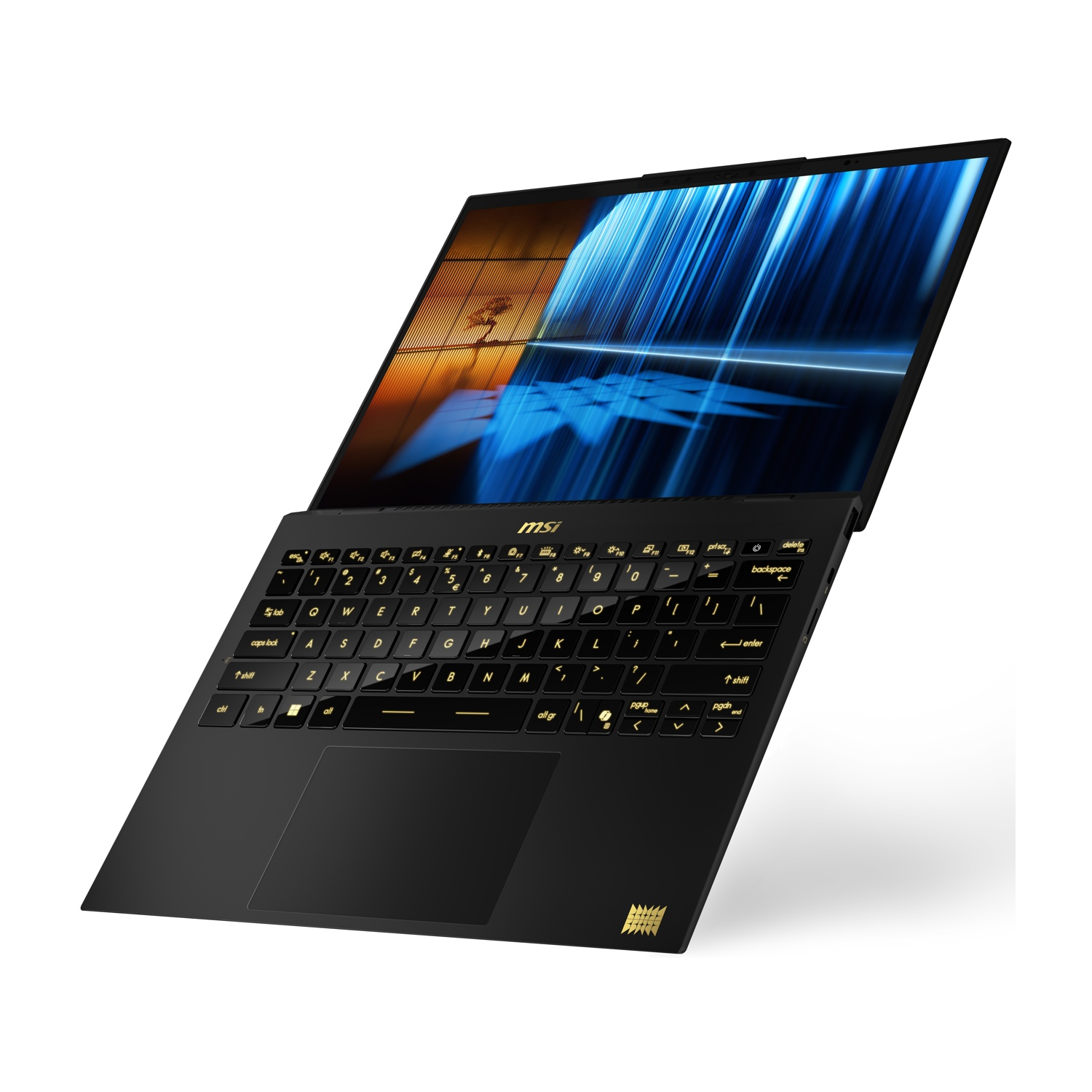 Laptop nero con tastiera illuminata e logo MSI. Lo schermo mostra strisce blu e arancioni.