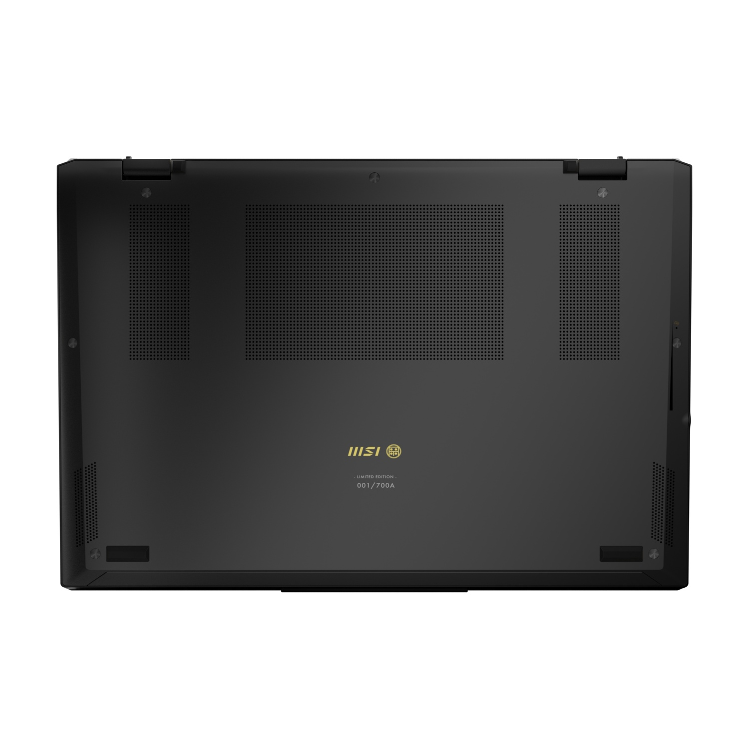 Fondo di un laptop nero con logo MSI e griglie di ventilazione.