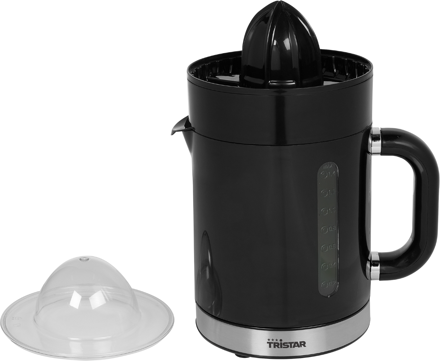 Spremiagrumi elettrico nero con caraffa graduata e coperchio trasparente.