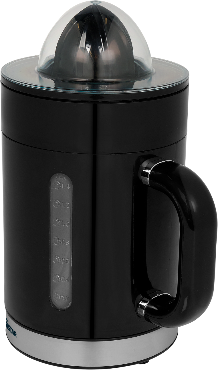 Un spremiagrumi elettrico nero con coperchio trasparente e un misurino laterale.