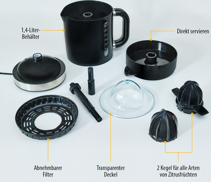 Spremiagrumi nero con accessori: caraffa, filtro, coperchio, coni.