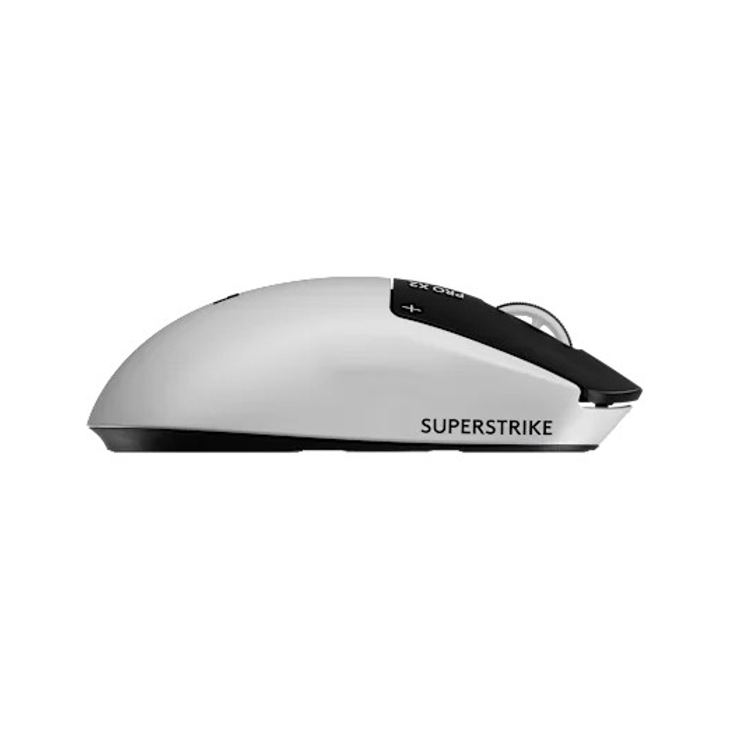 Mouse gaming bianco con accenti neri e rotella, vista laterale sinistra.