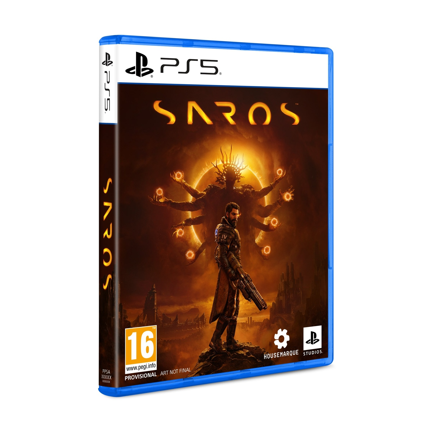 Custodia gioco PS5 con un guerriero e una figura mistica sullo sfondo.