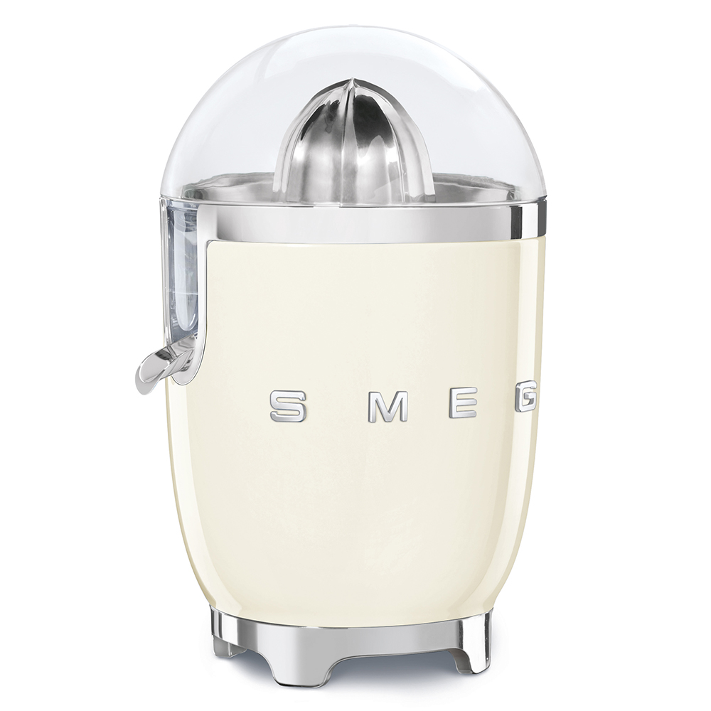 A cream-colored citrus juicer with silver accents and a clear lid.