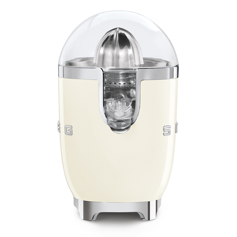 Cream citrus juicer with silver accents and a clear dome lid.
