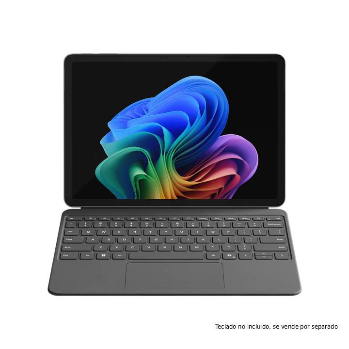 Un portátil con una imagen abstracta colorida en pantalla y un teclado debajo.