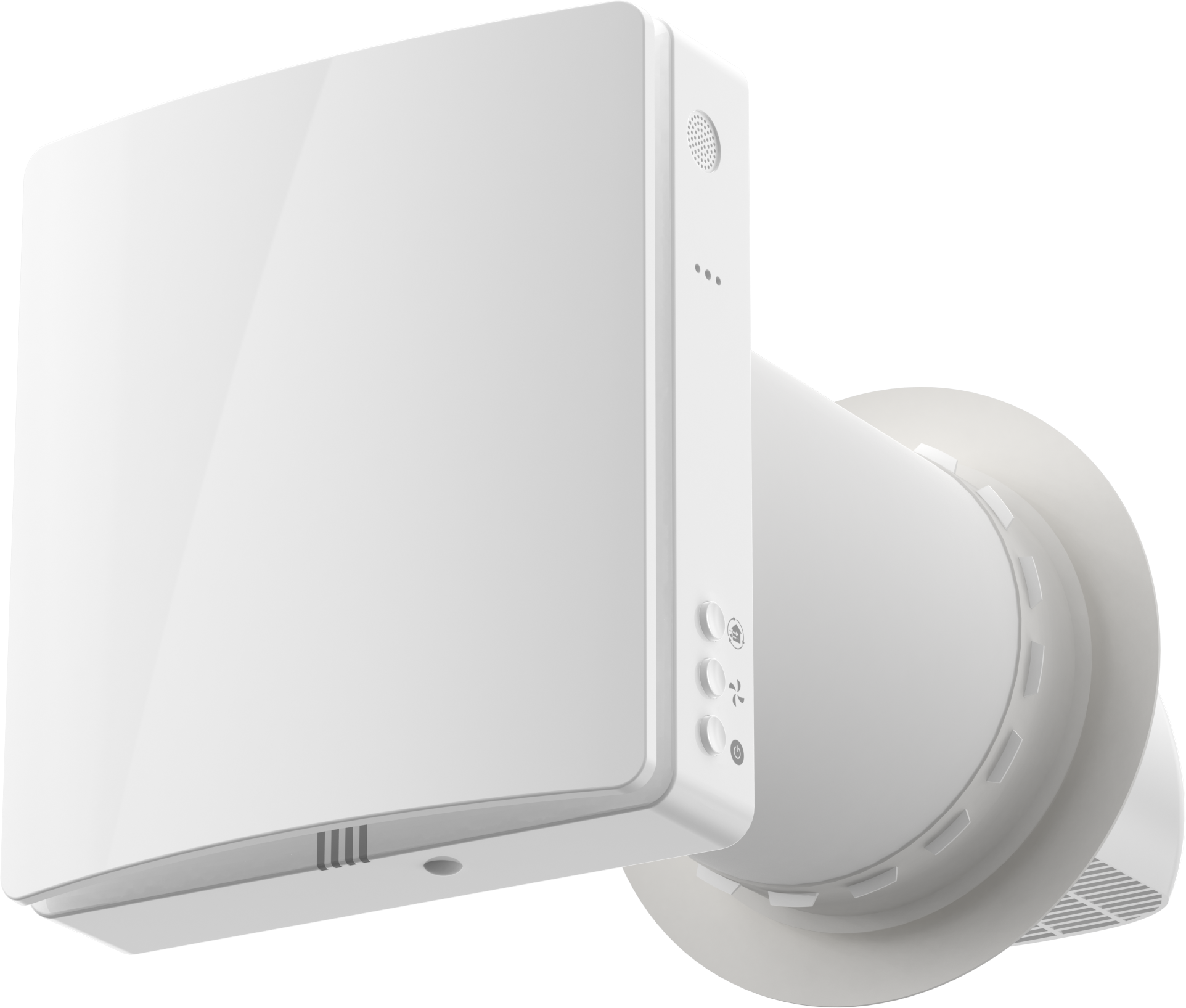 Fehér szellőző ventilátor gombokkal és rácsokkal fekete háttér előtt.