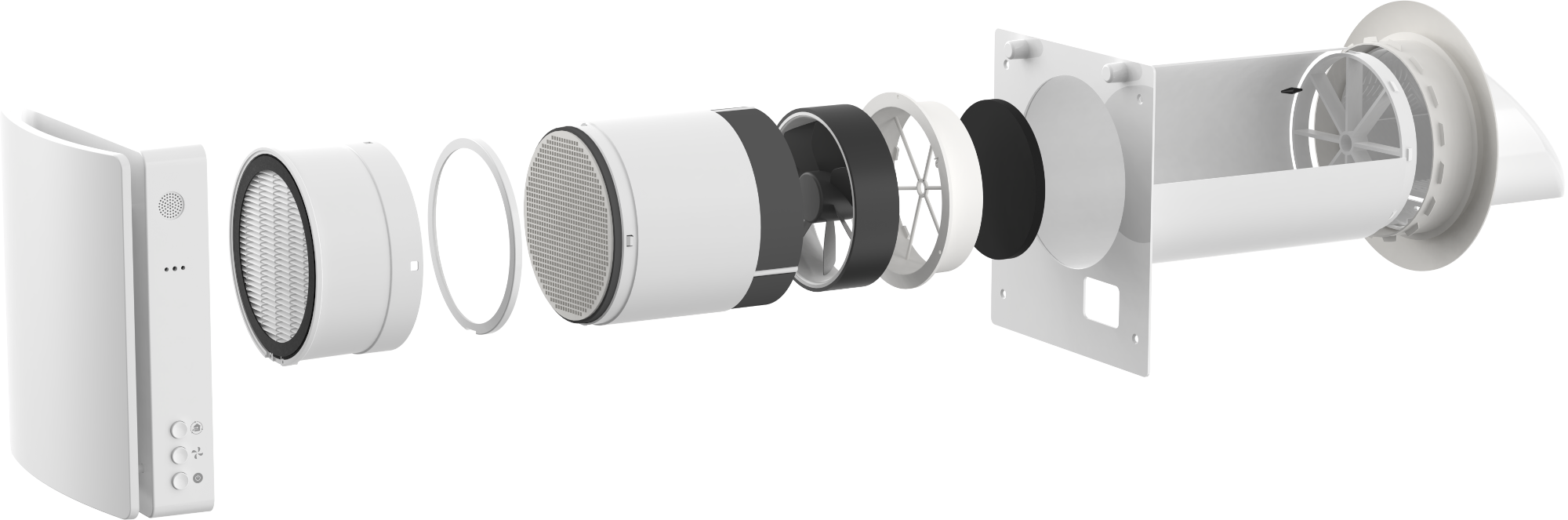 Fehér ventilátor robbantott ábrája szűrőkkel és házzal.