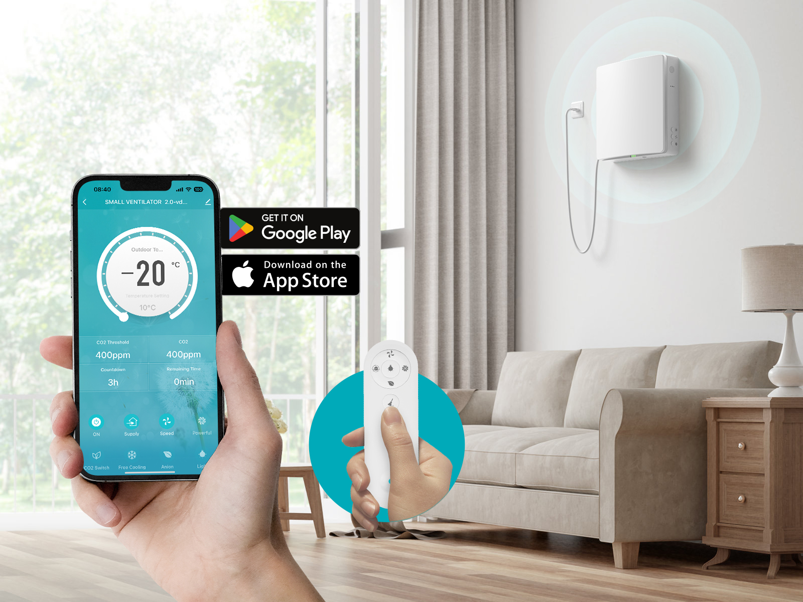 Egy okostelefon ventilátor-alkalmazást mutat. Egy fehér ventilátor van a falra szerelve.