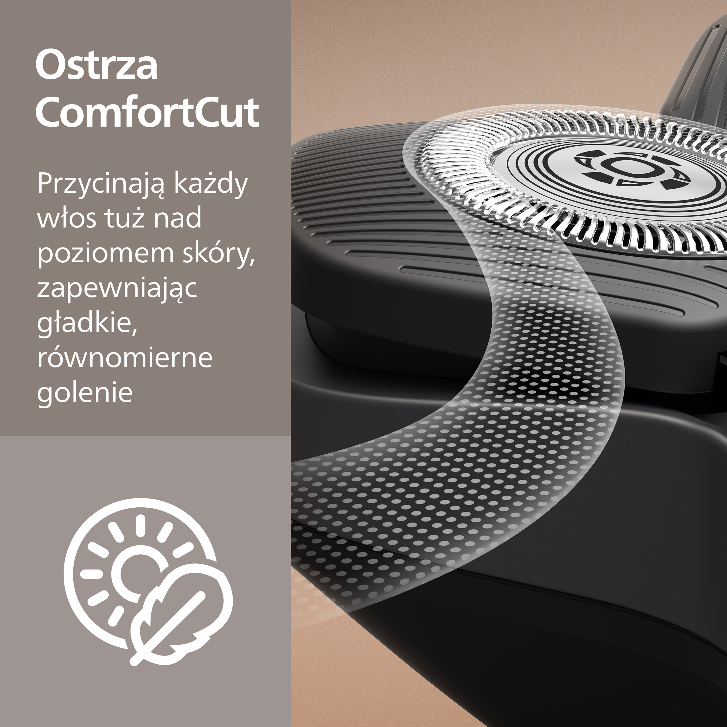 Zbliżenie czarnej golarki ze srebrnymi ostrzami i wzorem w kropki.