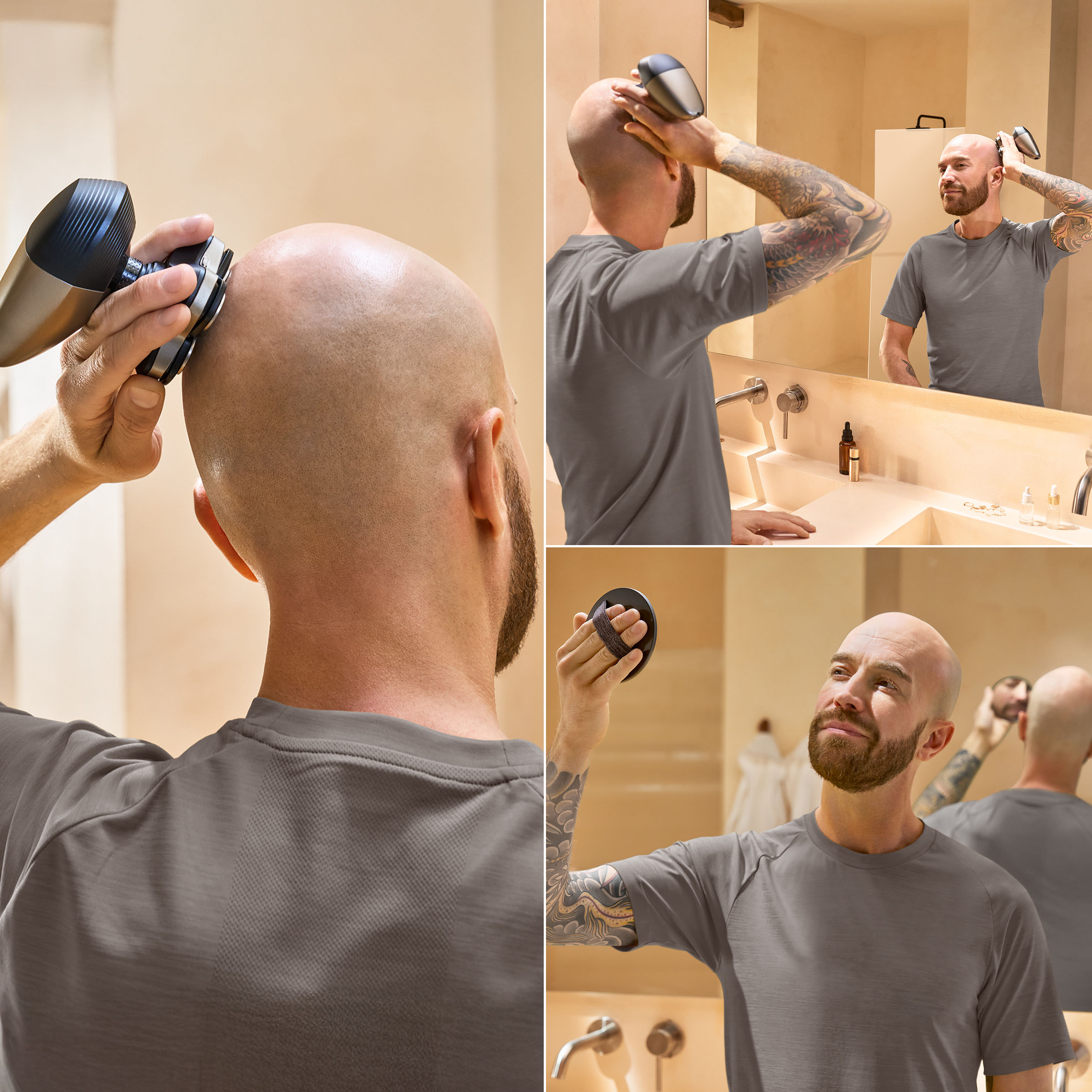 Mężczyzna goli łysą głowę golarką elektryczną w łazience.