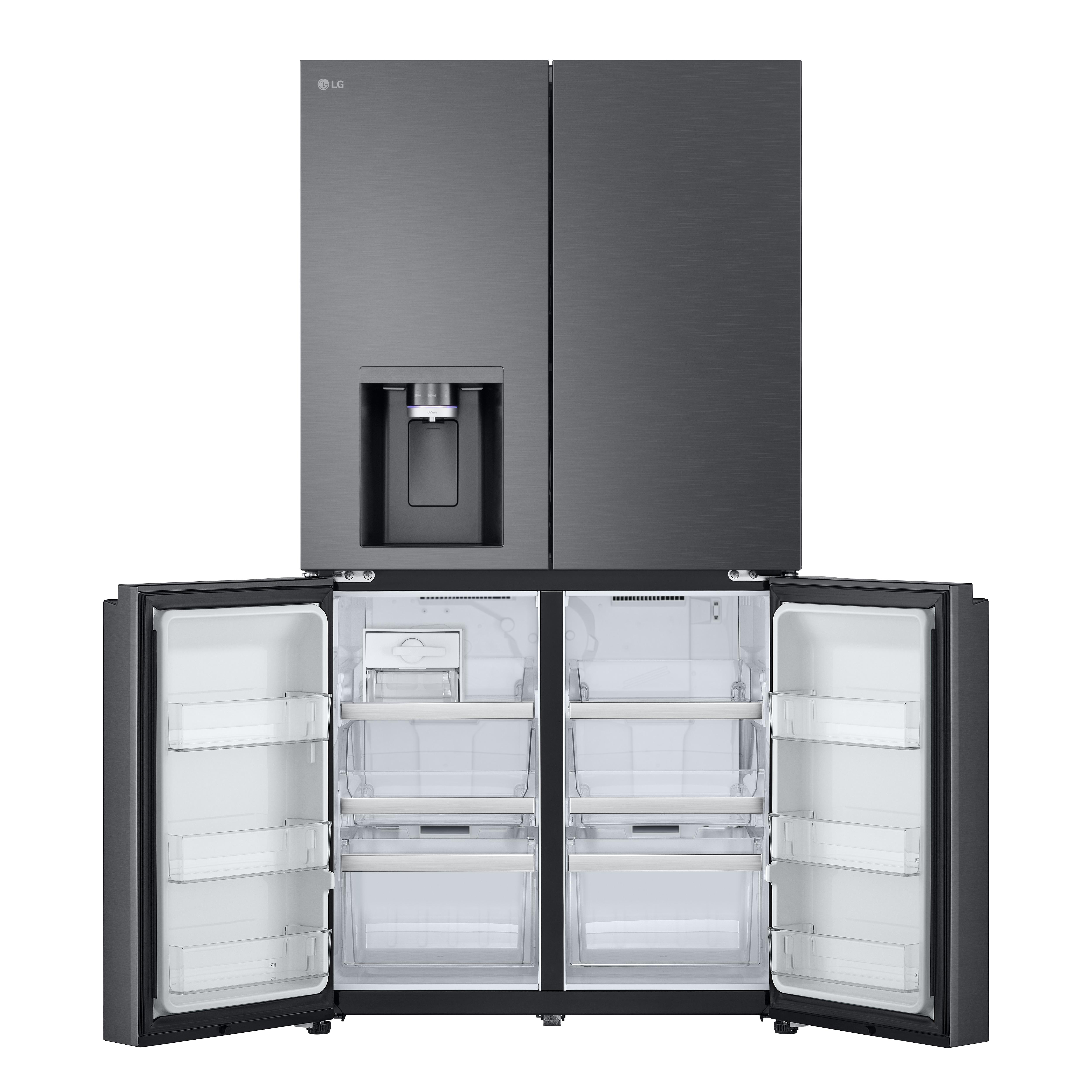 Ein dunkler LG Kühlschrank mit vier Türen, die oberen zwei sind geschlossen, die unteren zwei offen.