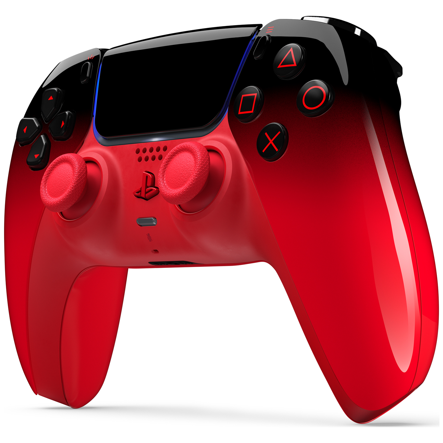 Red and black controller with illuminated buttons and analog sticks.