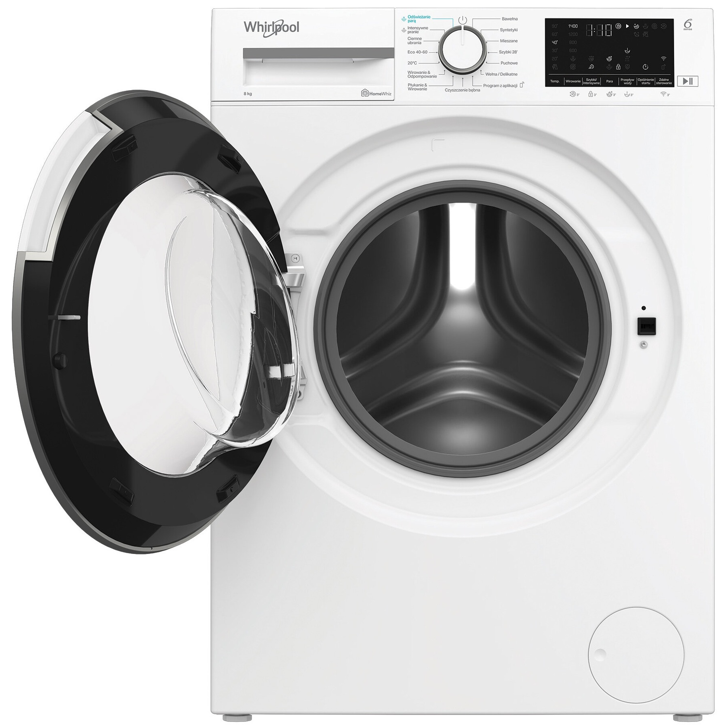 A white Whirlpool washing machine with its door open and a digital display.