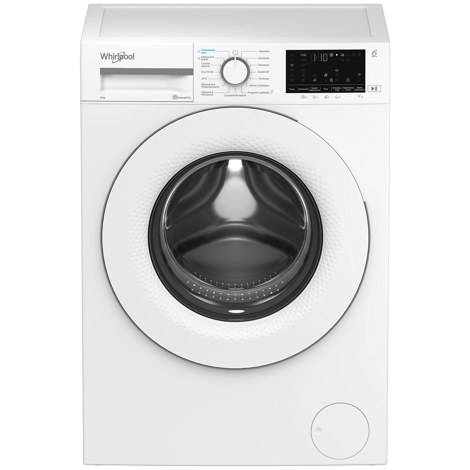 A white Whirlpool washing machine with a digital control panel and round door.