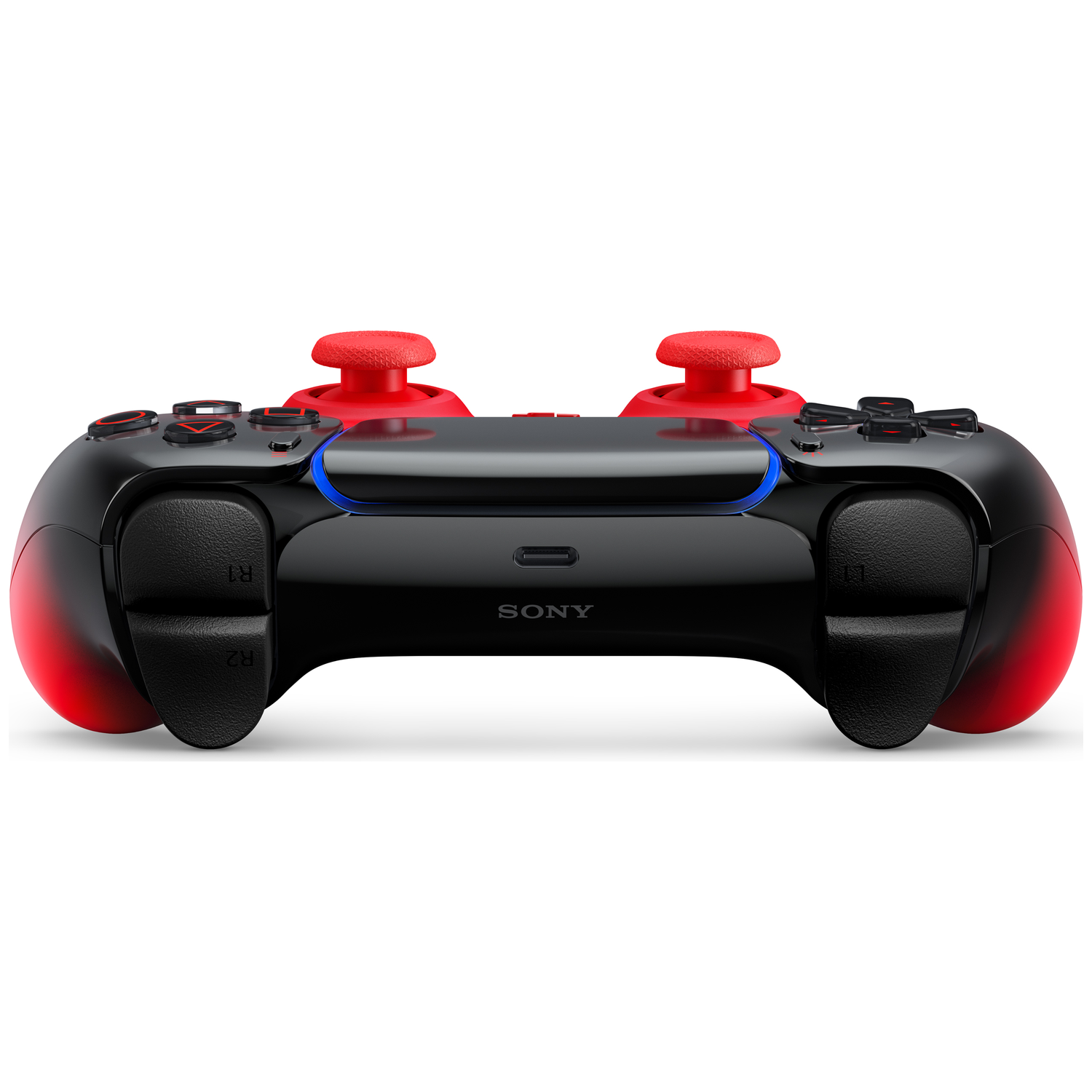 Black controller with red accents and a blue light bar.