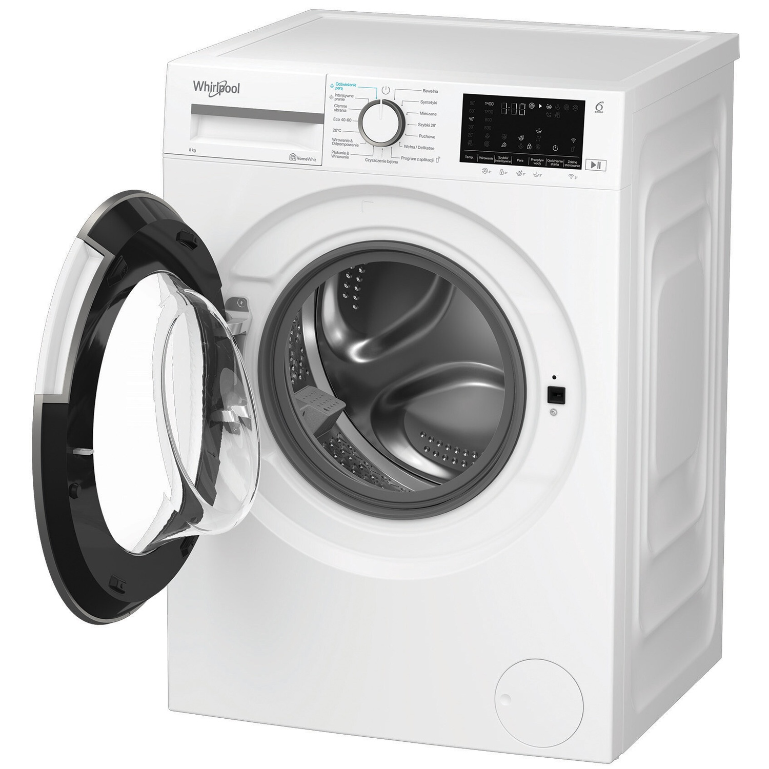 A white Whirlpool washing machine with its door open, revealing the drum. The control panel is visible.