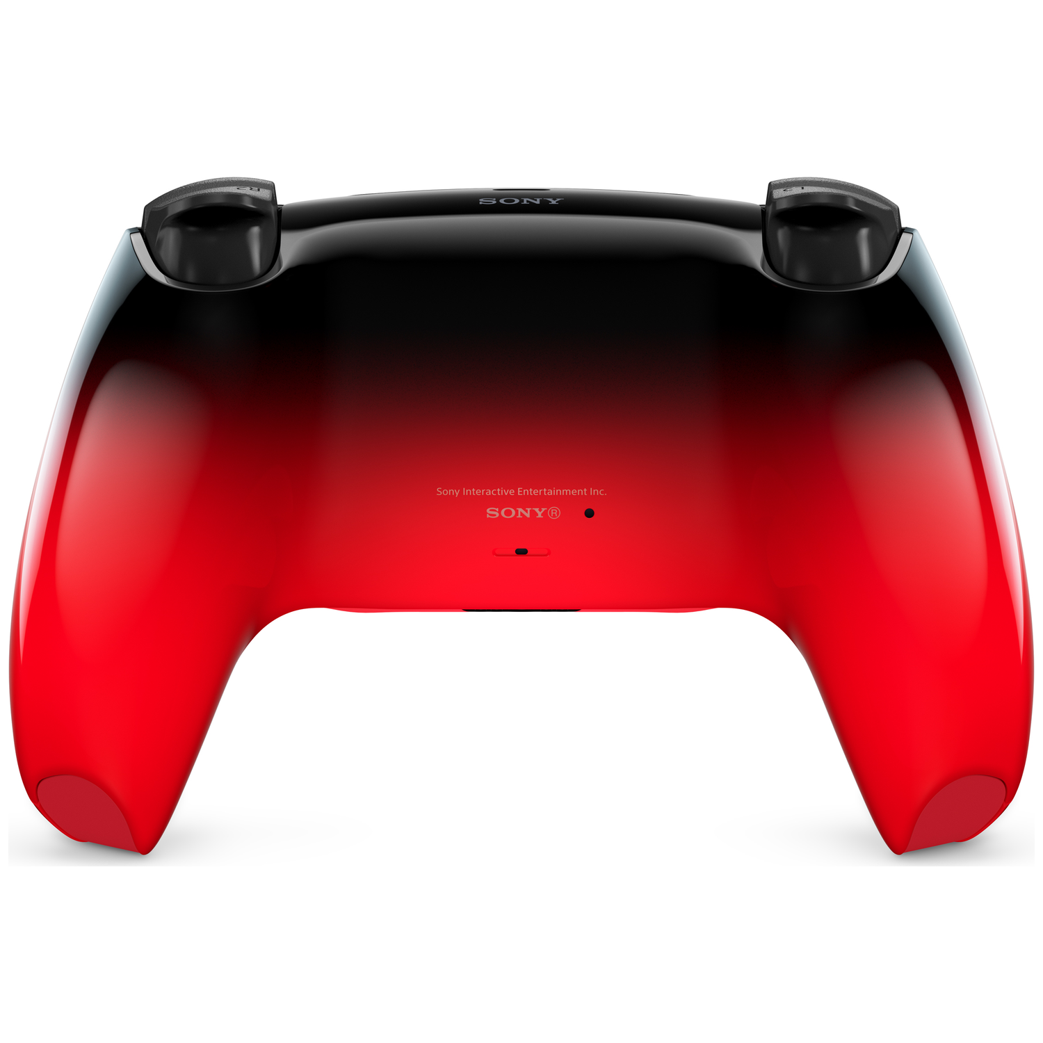 Black and red PlayStation 5 controller seen from the back.