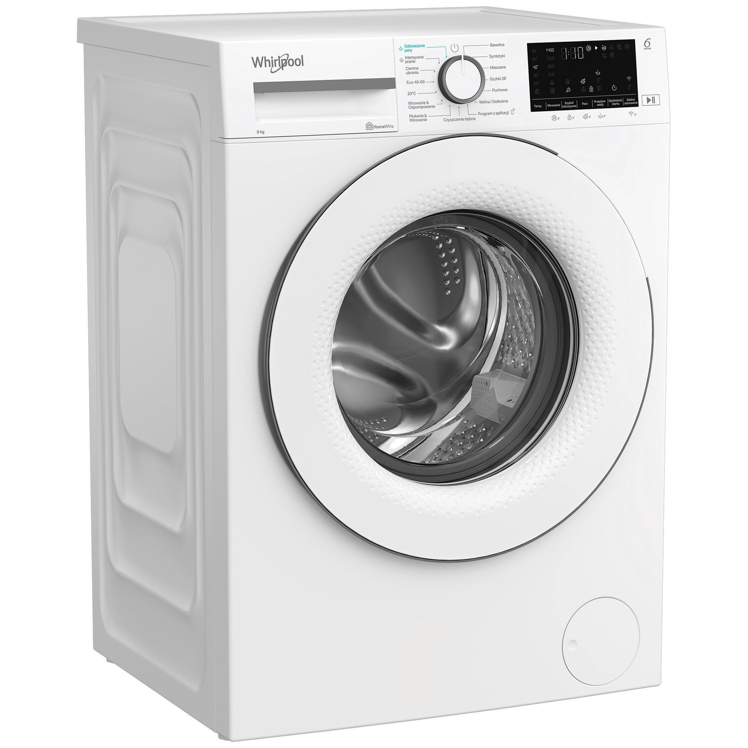 A white Whirlpool washing machine with a silver drum and control panel.