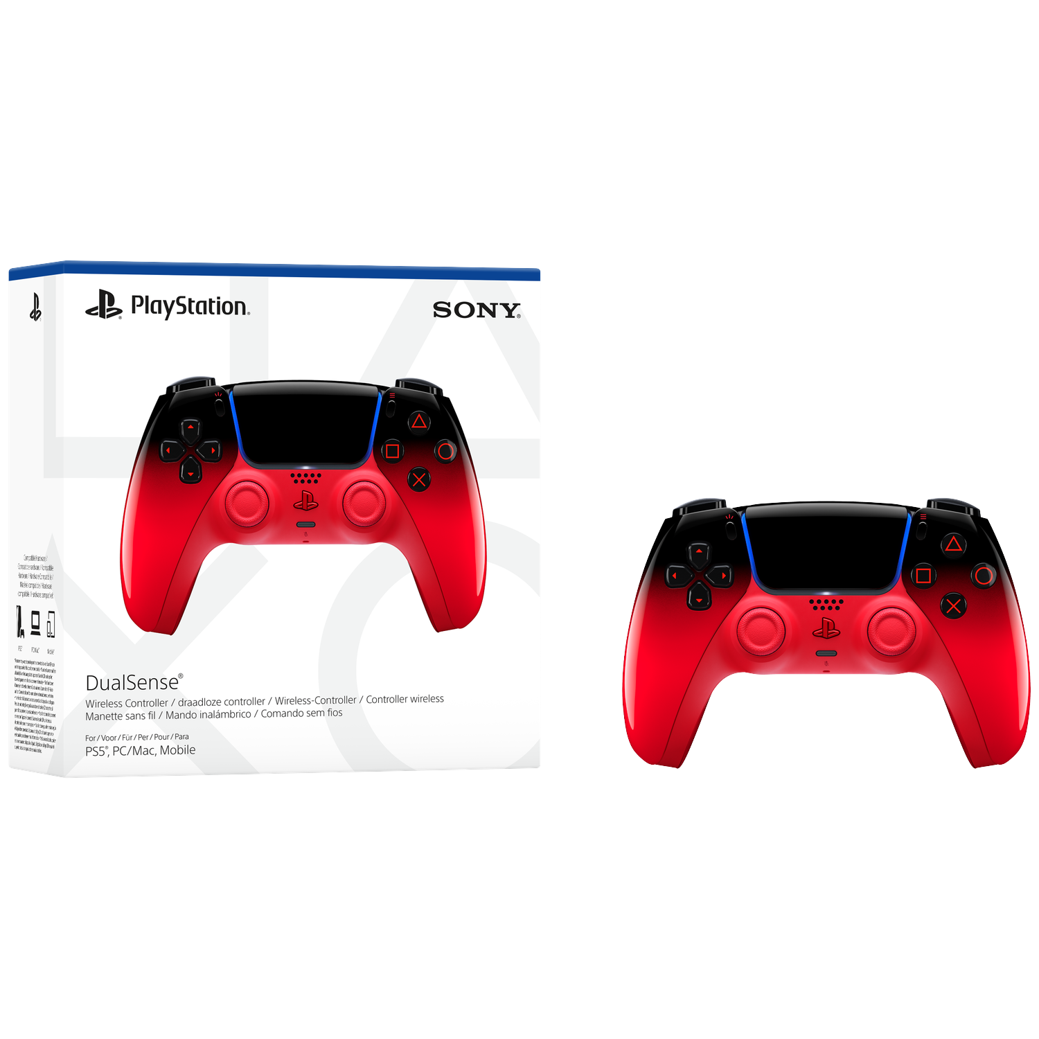 PlayStation DualSense controller in red and black with blue accents.