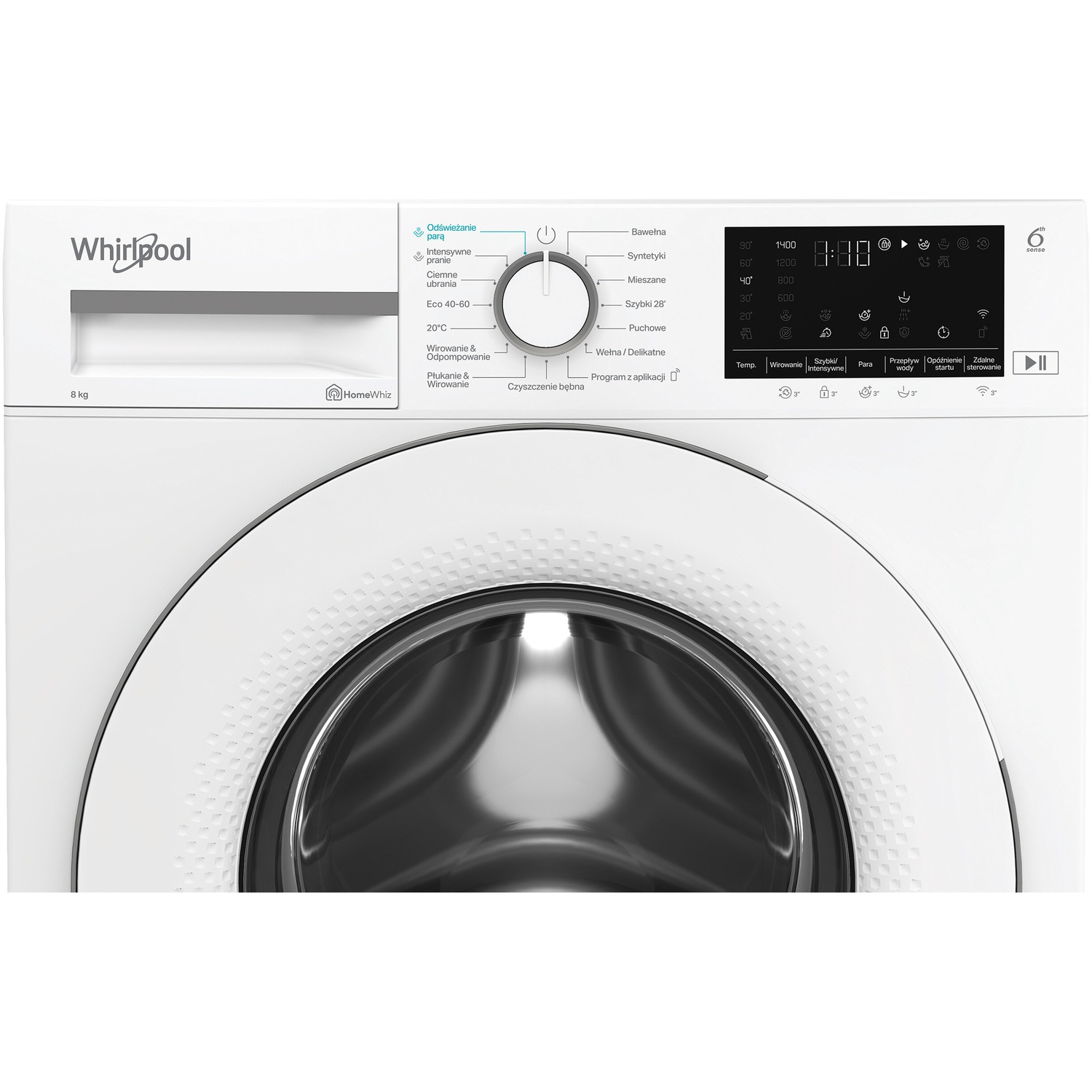 White Whirlpool washing machine with digital display and program selection dial.
