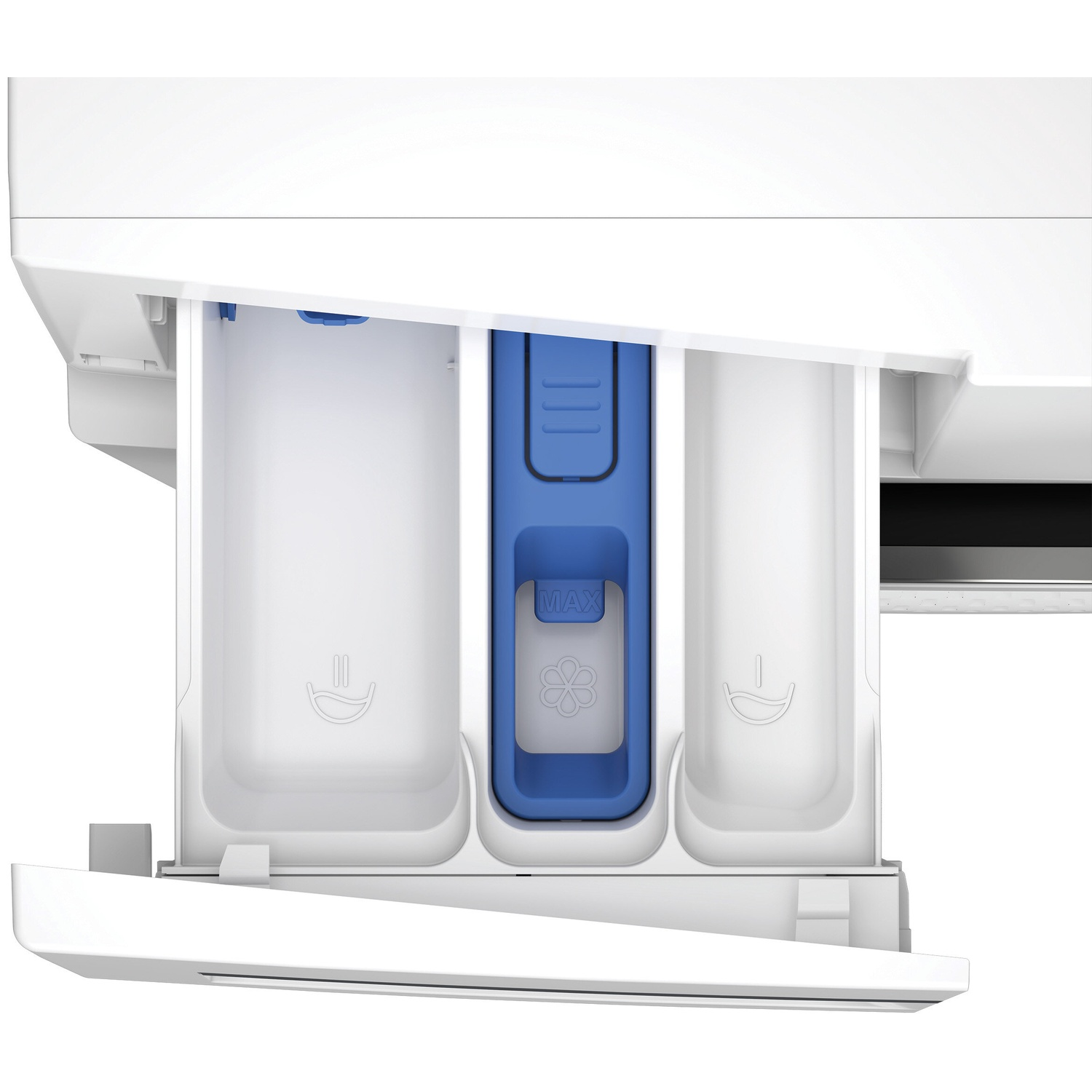 A pull-out drawer with three compartments for detergent and fabric softener.