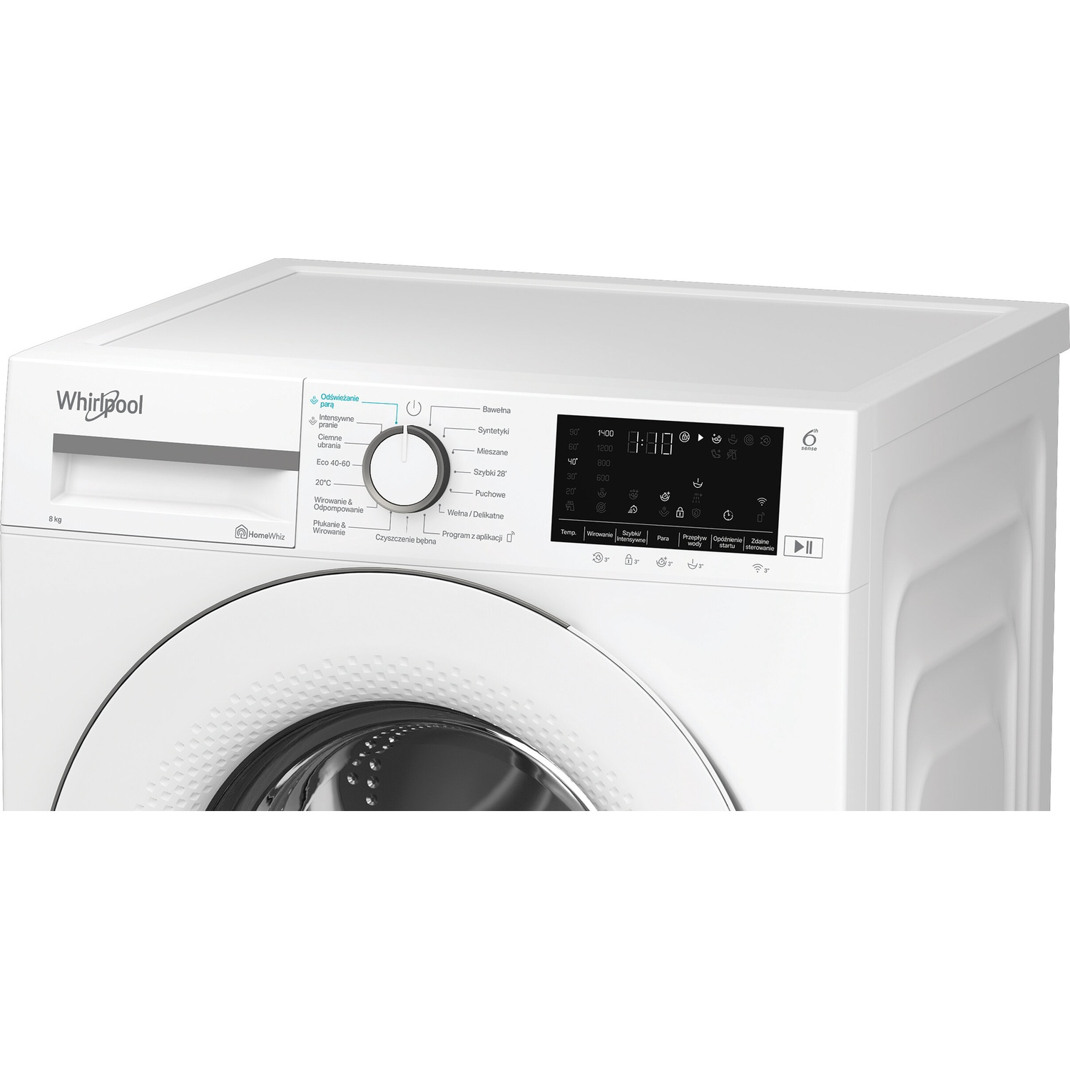 A white Whirlpool washing machine showing its control panel with digital display.