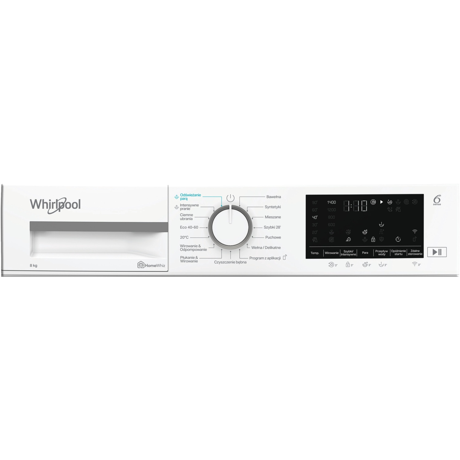 Control panel of a white Whirlpool washing machine with program selection and digital display.