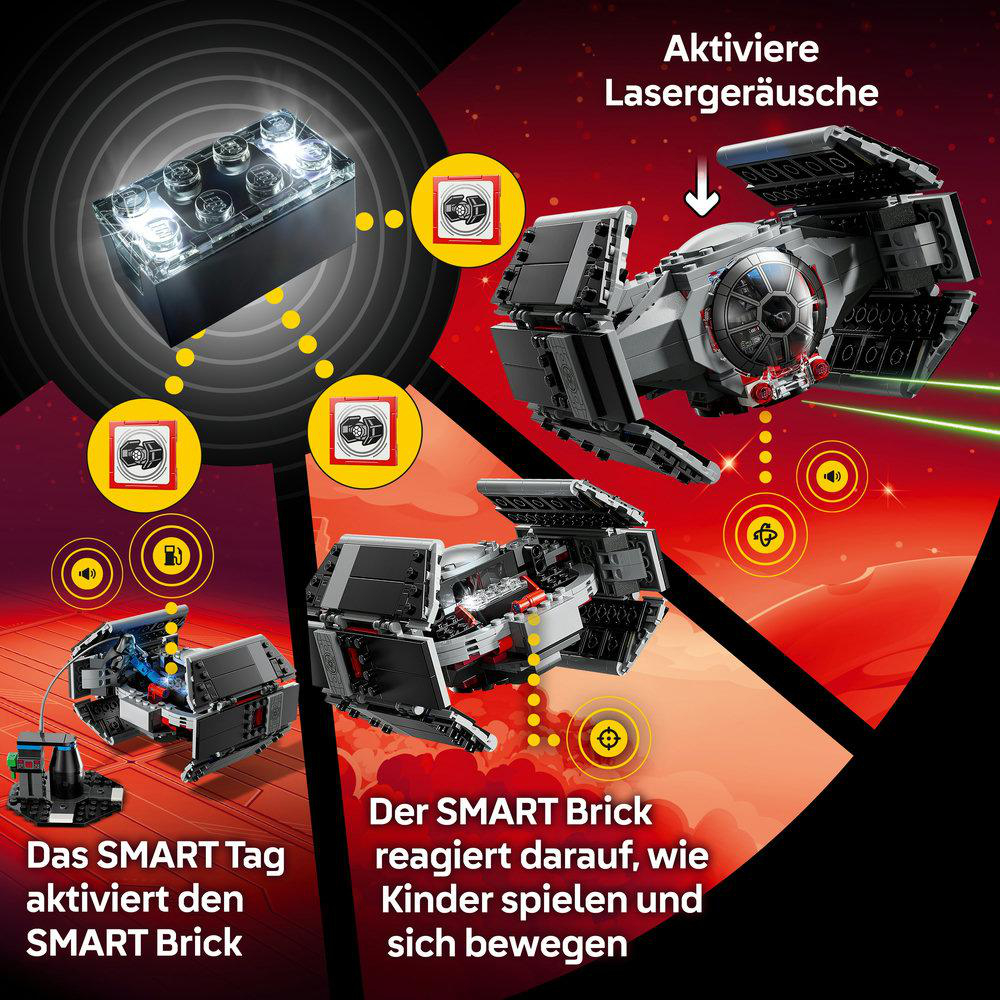 LEGO Star Wars TIE Fighter mit SMART Brick und visuellen Hinweisen.