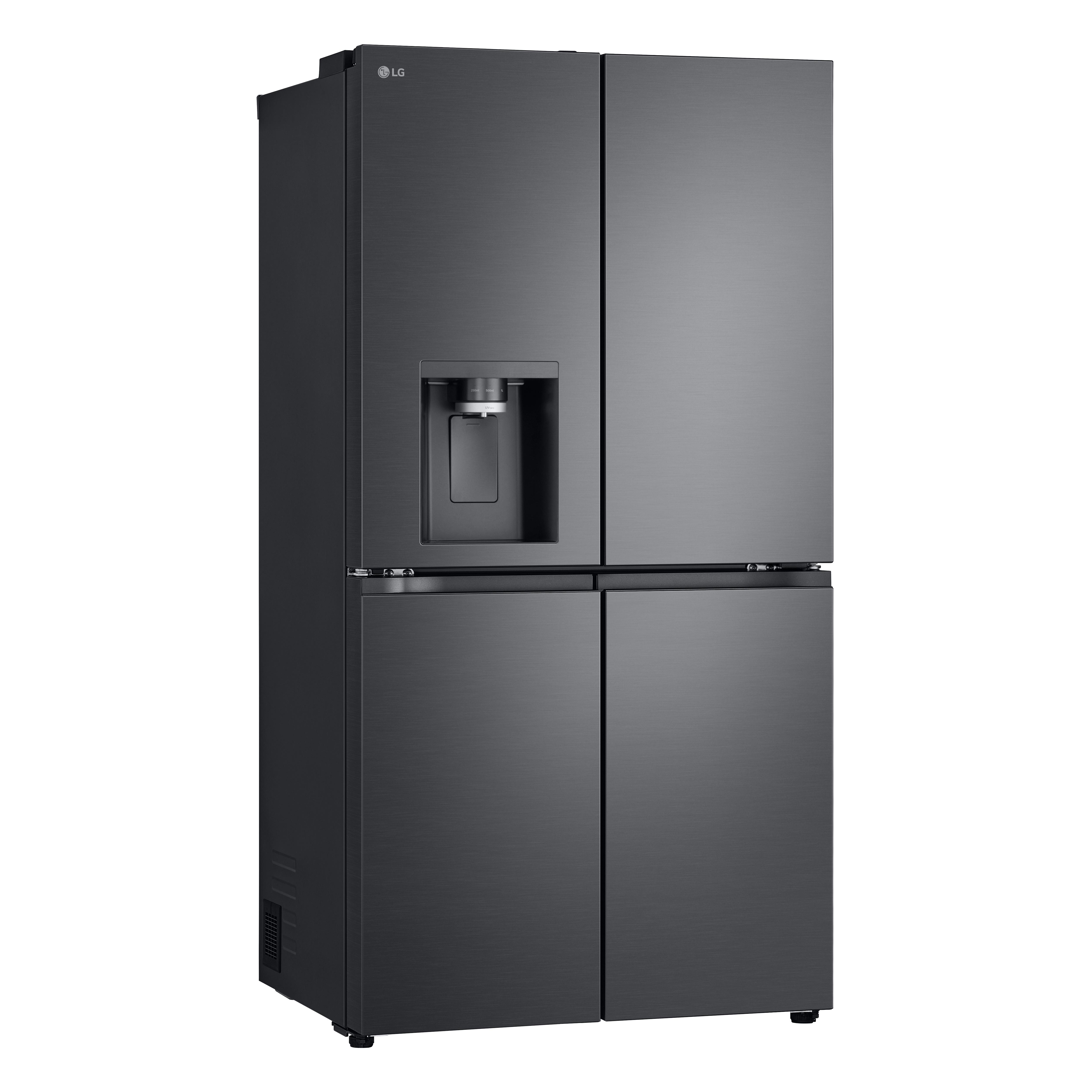Ein dunkler LG Kühlschrank mit vier Türen und einem Wasserspender.