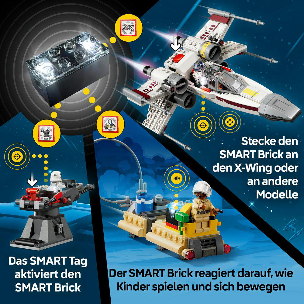 LEGO Smart Brick mit X-Wing und Figuren. Smart Brick reagiert auf Spielweise.