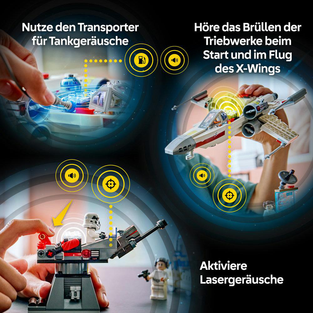 LEGO Star Wars: Transporter, X-Wing und Geschütz mit Sound-Symbolen.