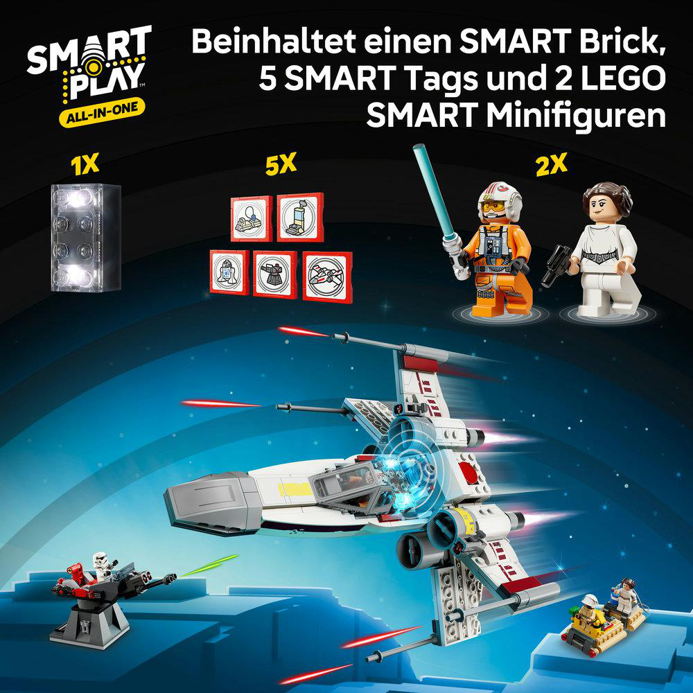 SMART Brick, 5 SMART Tags, 2 Minifiguren, X-Wing und Geschütz.