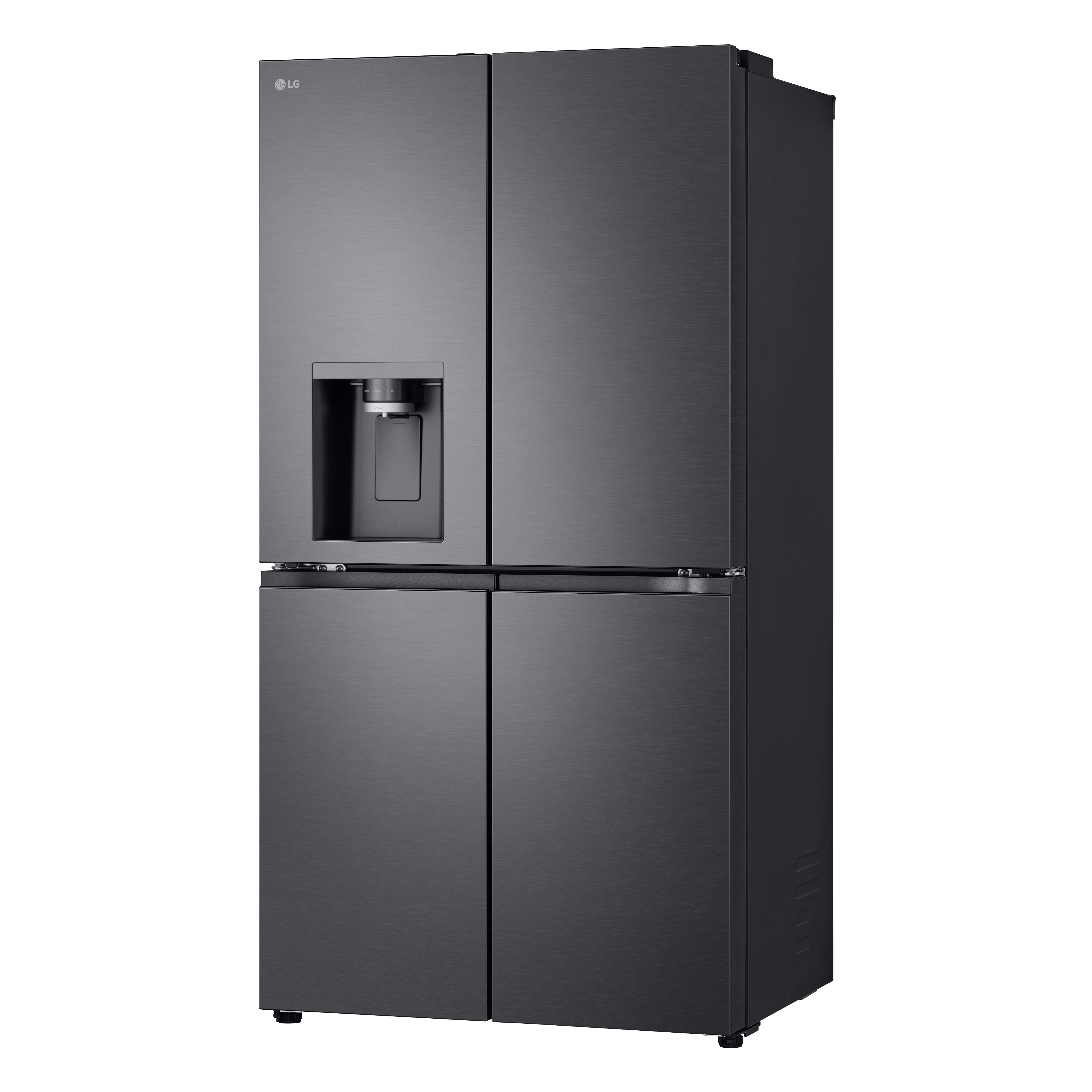 Ein schwarzer LG Kühlschrank mit vier Türen und Wasserspender.