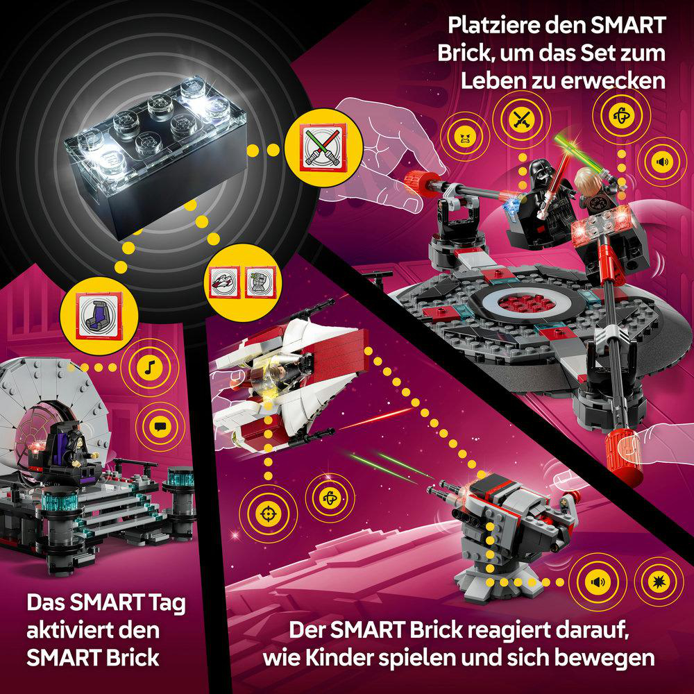 LEGO Star Wars Set mit SMART Brick, Figuren und Raumschiff. Symbole zeigen Funktionen.