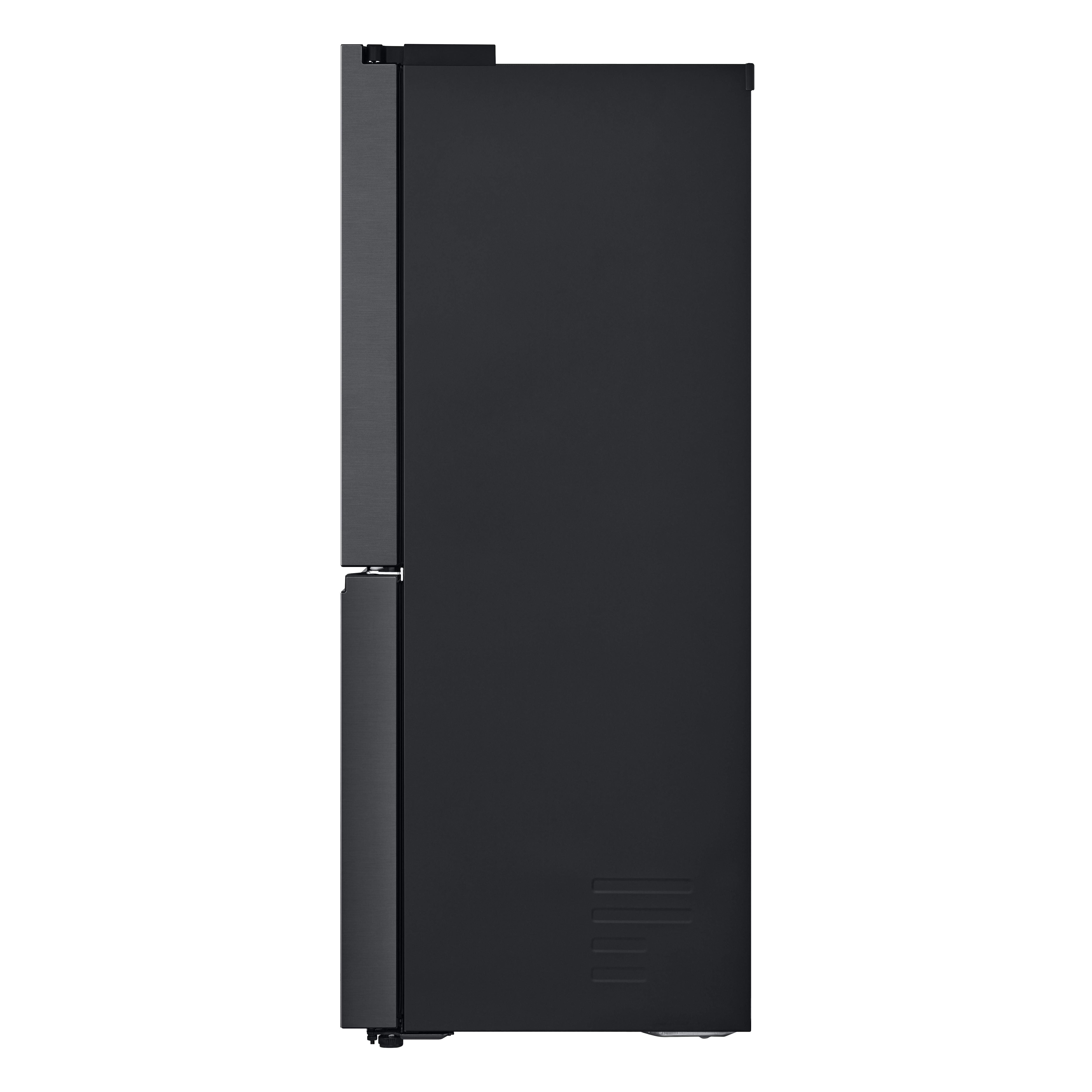 Schwarzer Kühlschrank von der Seite mit einem geriffelten Lüftungsgitter unten.